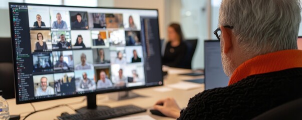 A person participates in a virtual meeting, engaging with multiple attendees displayed on a large monitor.
