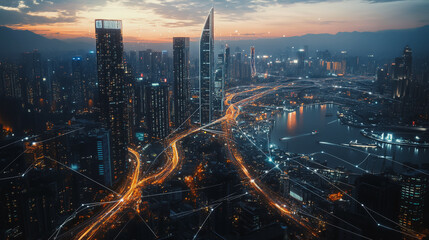 Fototapeta premium Smart digital Innovation city with connection network reciprocity over the cityscape. of future smart wireless digital city and social media networking systems that connects people with in city