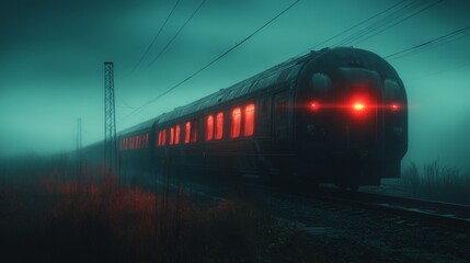 Fototapeta premium Red futuristic train speeding through a dark night