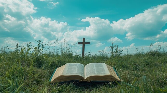 Open Bible in a Serene Meadow with a Wooden Cross Under a Beautiful Sky Filled with Fluffy Clouds, Symbolizing Faith, Hope, and Spiritual Reflection
