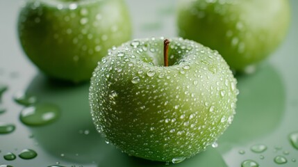 Close-up of dewy green apples on a table
