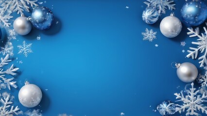 Festive Blue Christmas Background with Baubles and Snowflakes
