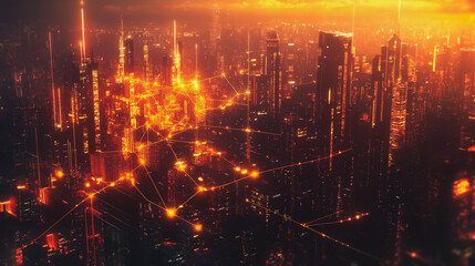 Fototapeta premium Smart digital Innovation city with connection network reciprocity over the cityscape. of future smart wireless digital city and social media networking systems that connects people with in city