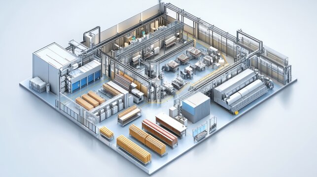 An isometric view of a factory floor with automated machinery, conveyor belts, and various equipment.