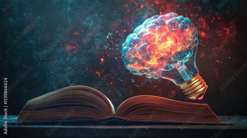 Poster concept of creativity and knowledge with open book and colorful light bulb representing brain signif