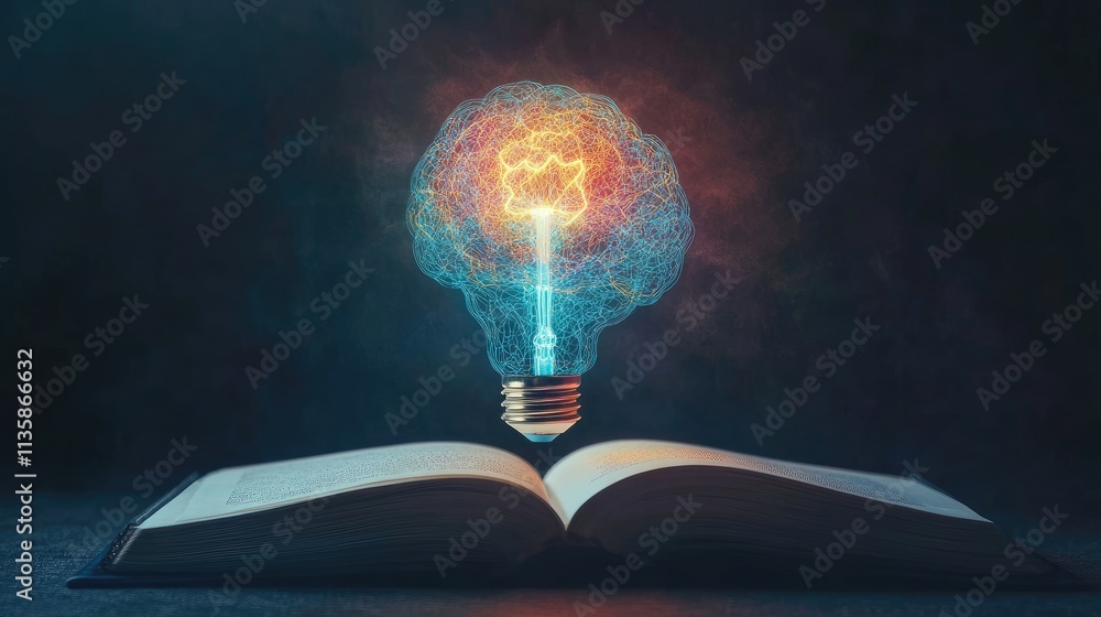 Poster shining light on knowledge: an open book with an illuminated brain inside a light bulb symbolizing c