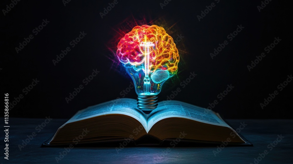 Poster creative concept illustrating the fusion of knowledge and innovation with a colorful brain emerging 