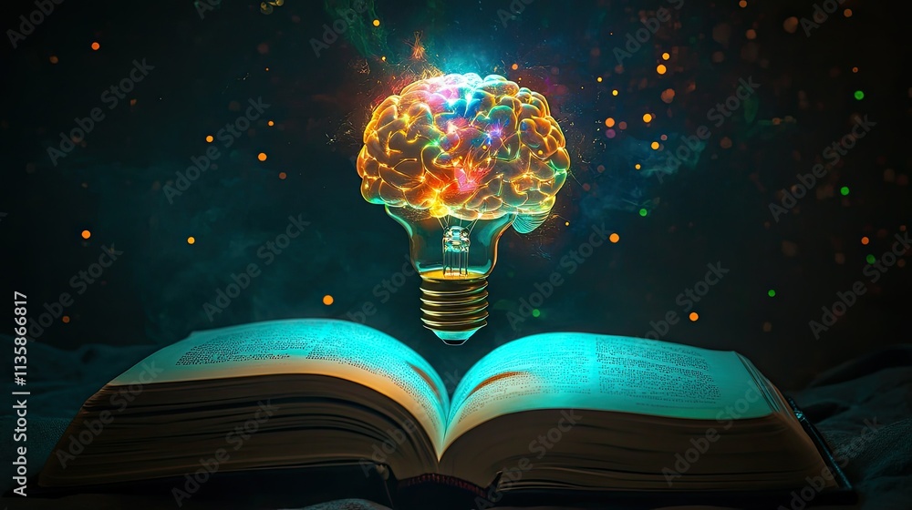 Poster imaginative fusion of knowledge and creativity represented by a brain in a light bulb over an open b