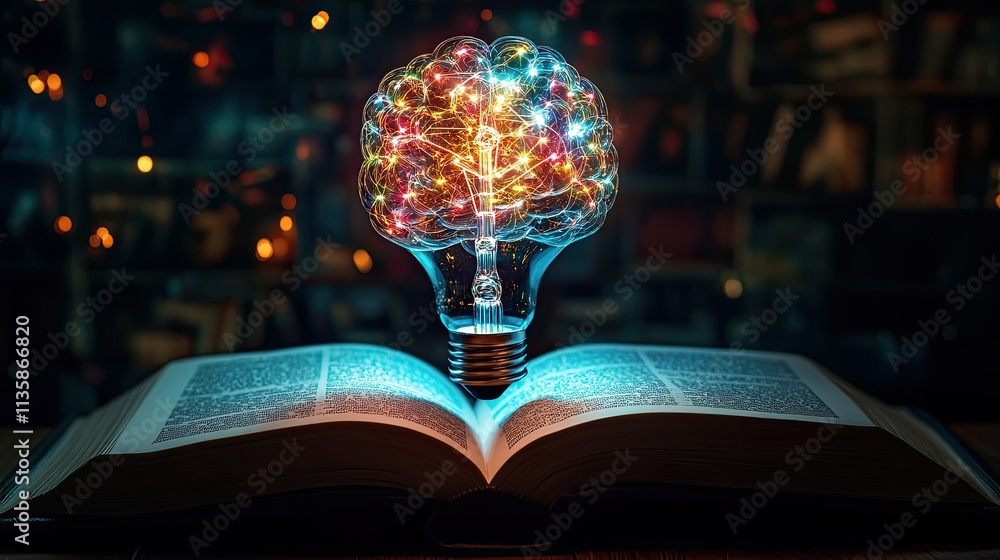 Poster surreal representation of a glowing brain and light bulb emerging from an open book, symbolizing cre