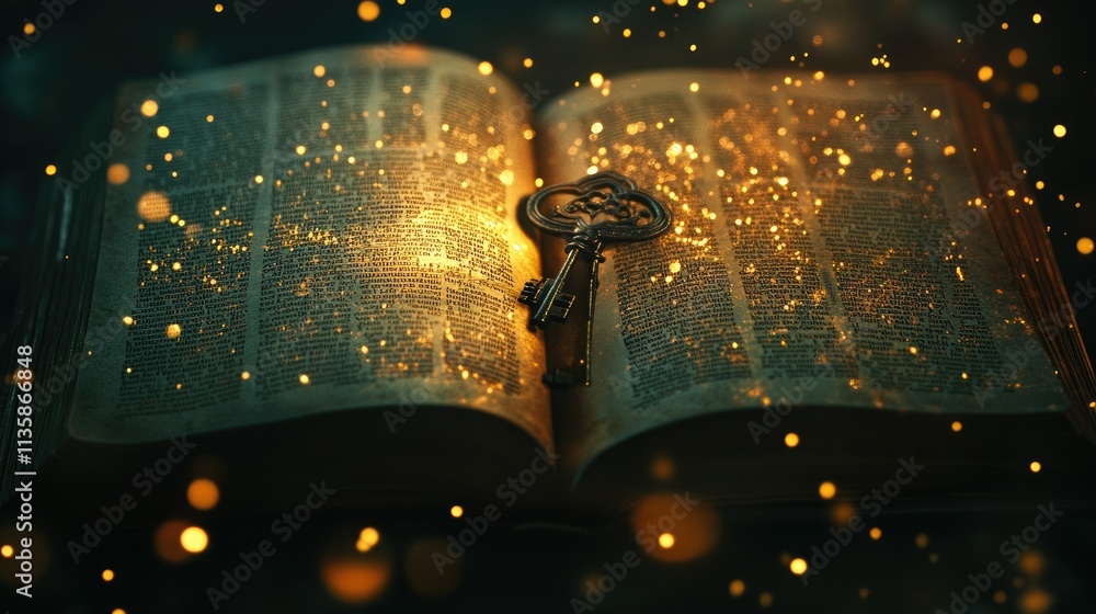Poster mystical key on open book surrounded by glowing particles, symbolizing discovery, knowledge, and sec