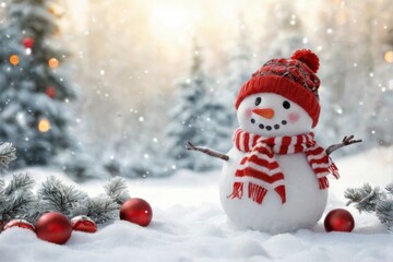 Obraz premium Festive Snowman in Snowy Landscape with Red Scarf and Hat, Christmas Baubles in Blurred Forest Background