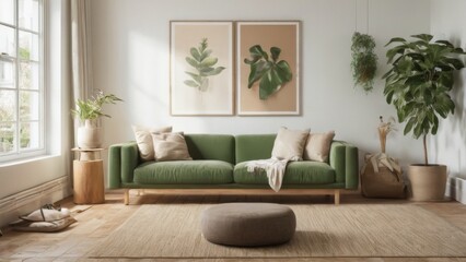 Modern Living Room with Large Window and Greenery View, Green Sofa, Artworks, and Minimal Contemporary Style
