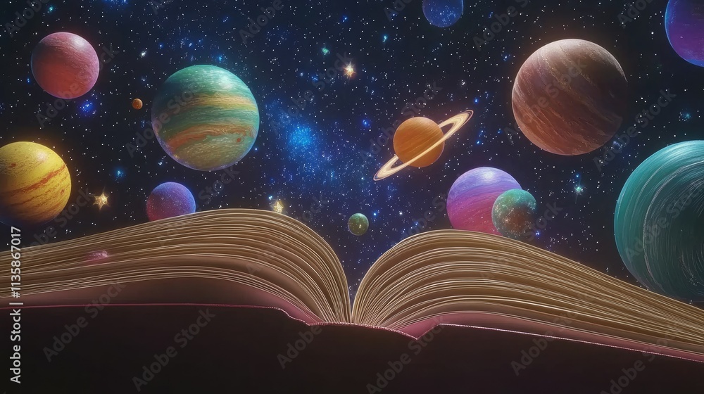 Poster an open book surrounded by colorful planets and stars in a mystical cosmic scene depicting the wonde