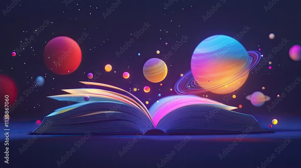 Poster enchanted book with floating planets and colorful orbs in a cosmic background, symbolizing imaginati