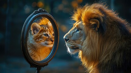 Lion looking at his reflection as a little kitten in a vintage mirror, concept of self esteem