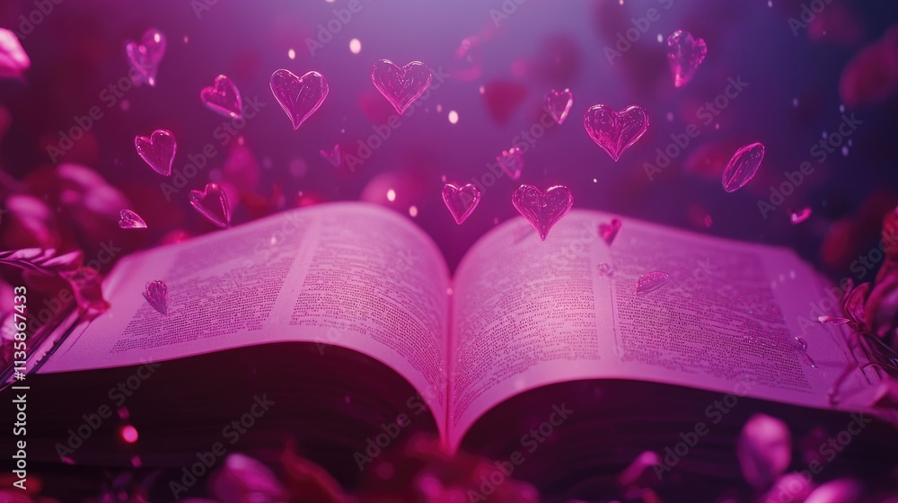 Poster enchanting open book surrounded by floating pink hearts in a dreamy atmosphere with sparkling elemen