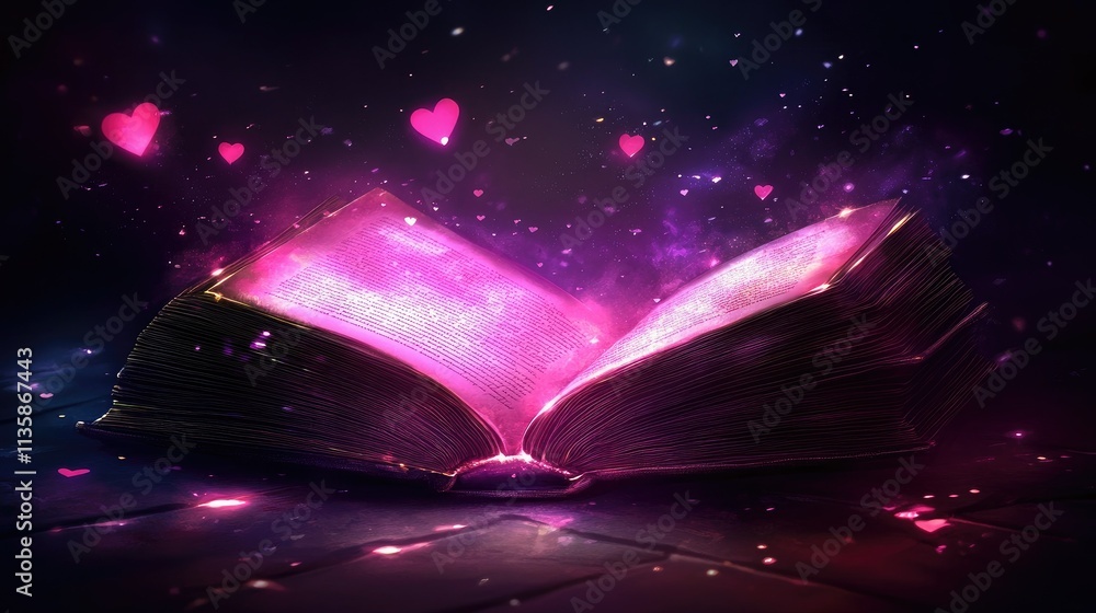 Poster enchanted open book with glowing pages and floating hearts in a mystical space setting, capturing th