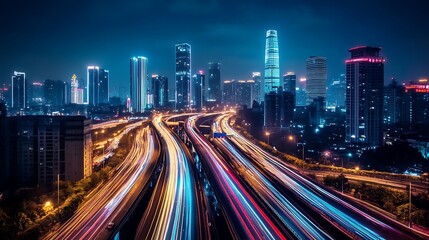 Obraz premium Night Cityscape with Expressway and Light Trails. Concept of Urban Development, Modernity, and Connectivity.