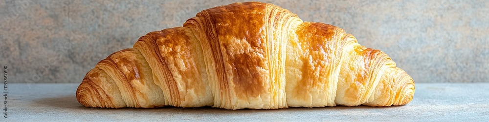 Poster single croissant placed symmetrically on matte background under diffused natural lighting