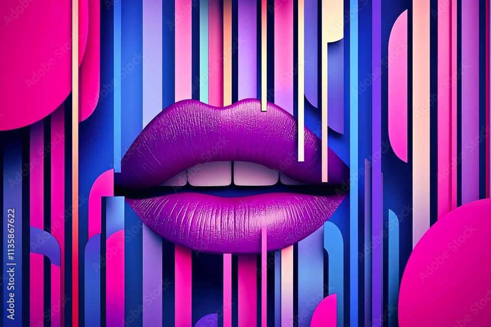 Poster Vibrant abstract lips with colorful lines create a modern and trendy visual impact.