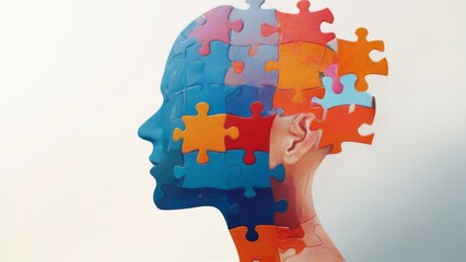 Colorful puzzle pieces form human head illustration with playful and whimsical mood, blue and orange on white background.