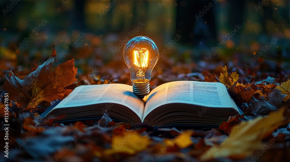 Poster open book with glowing light bulb on pages surrounded by colorful autumn leaves in a serene forest s