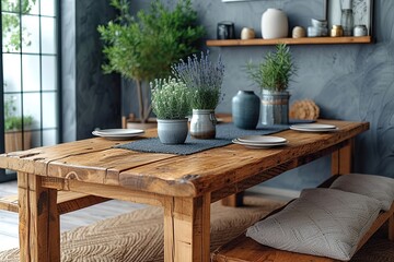 Obraz premium Wooden scandinavian dining table with vase of lavender flowers