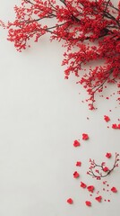 Scattered red blossoms framing the edges, creating a beautiful contrast with the clean white center for text.