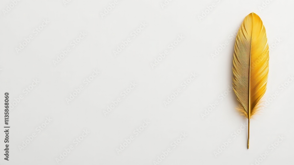 Poster Golden phoenix feather resting gently on a pristine white backdrop, creating space for additional text.