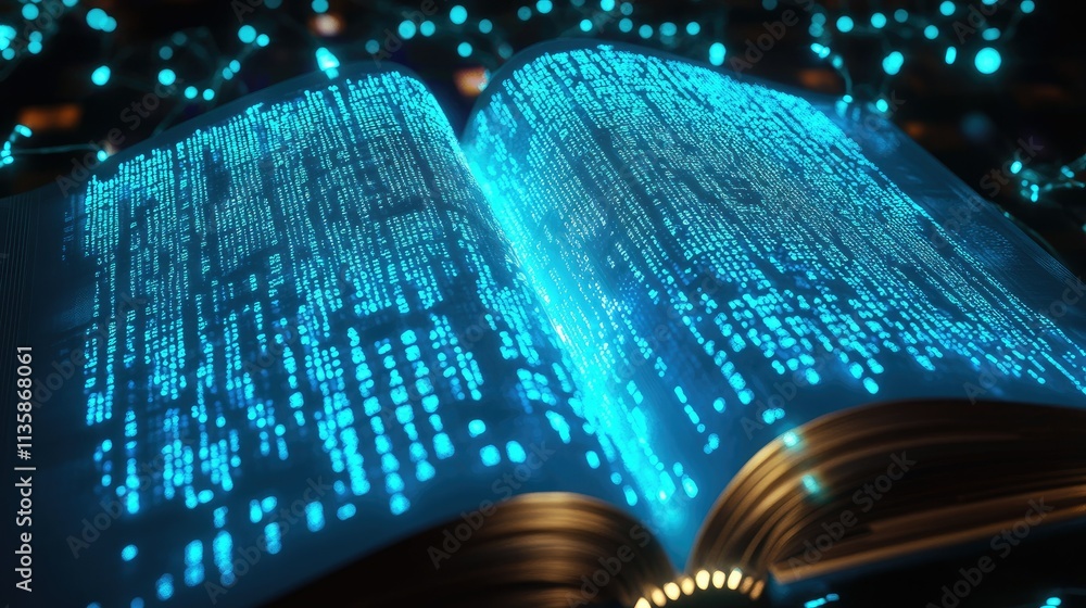Poster open book with glowing blue binary code illuminating its pages, representing digital knowledge, tech