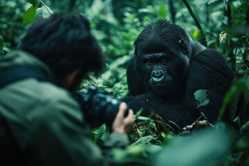 Wildlife photographer capturing stunning portrait of majestic mountain gorilla in lush jungle