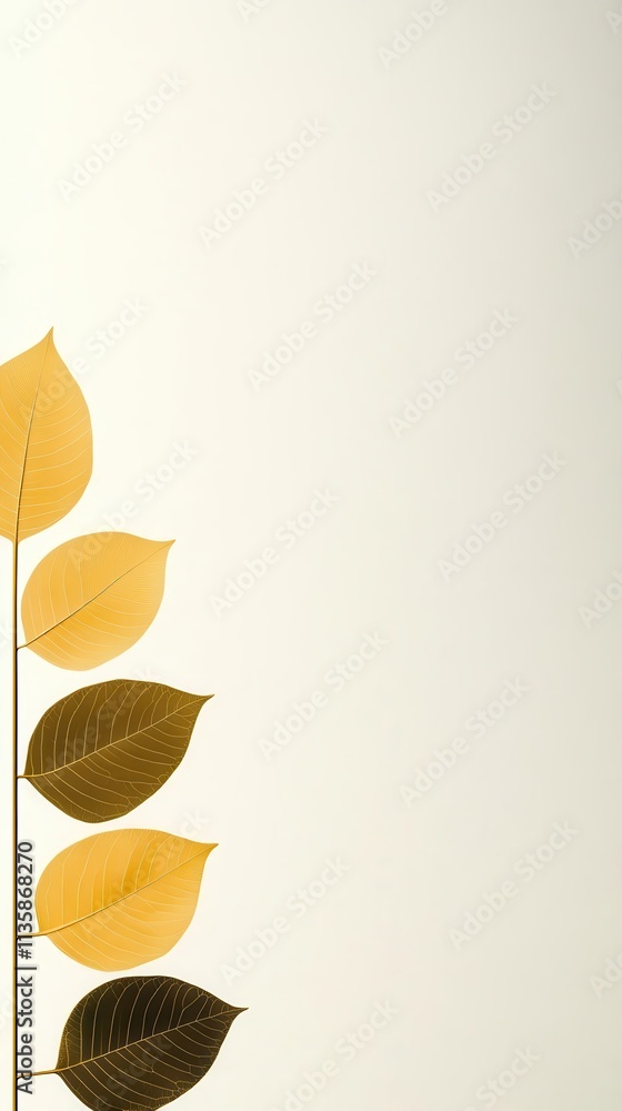 Poster a golden leaf design blending softly into a blank white backdrop, ready for text insertion.
