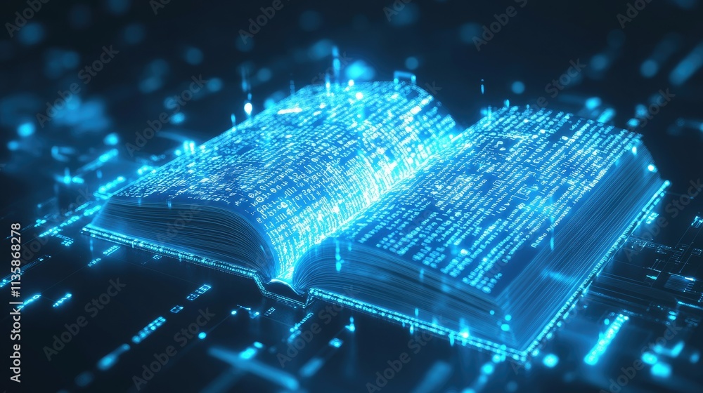 Poster digital transformation of knowledge represented by an open book surrounded by glowing data streams, 