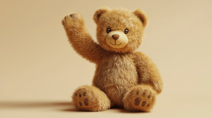 Obraz premium Vector cartoon plush cute beautiful little kind cuddly teddy bear with raised front paw, wants to say hello. Gift sitting favorite soft toy. Graphic sticker. Light background.