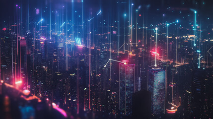 Obraz premium Smart digital Innovation city with connection network reciprocity over the cityscape. of future smart wireless digital city and social media networking systems that connects people with in city