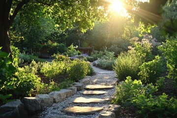 Obraz premium Stone garden path leading through lush green plants at sunset