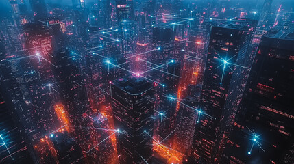 Smart digital Innovation city with connection network reciprocity over the cityscape. of future smart wireless digital city and social media networking systems that connects people with in city