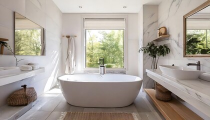 Luxurious Modern Bathroom Design with Freestanding Tub Marble and Natural Light