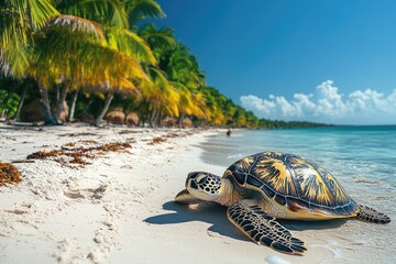 Sea turtles relaxing on tropical beach paradise