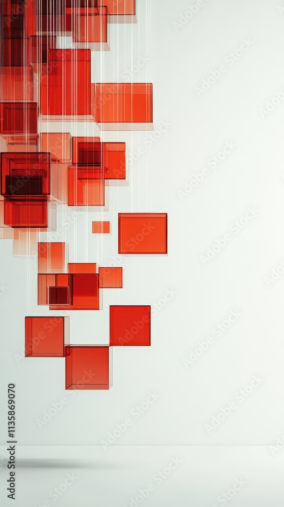 Poster floating translucent red geometric shapes, minimalist white background with copy space for text.