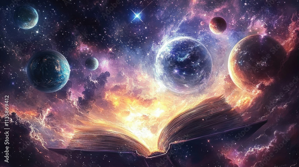 Poster open book surrounded by cosmic elements and planets illuminated by mystical light representing imagi