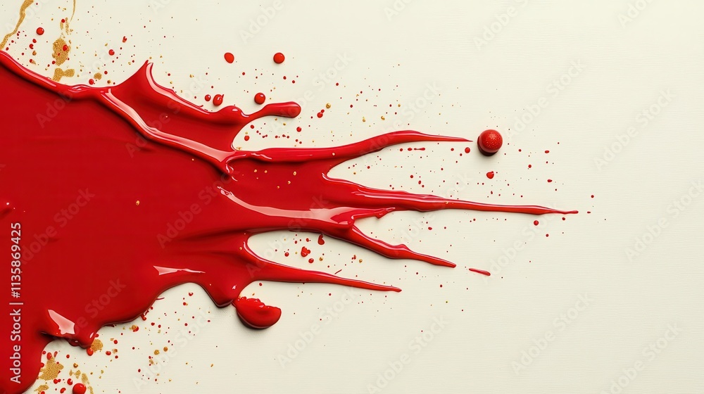 Poster floating red and gold abstract patterns creating depth, clean white background with ample copy space