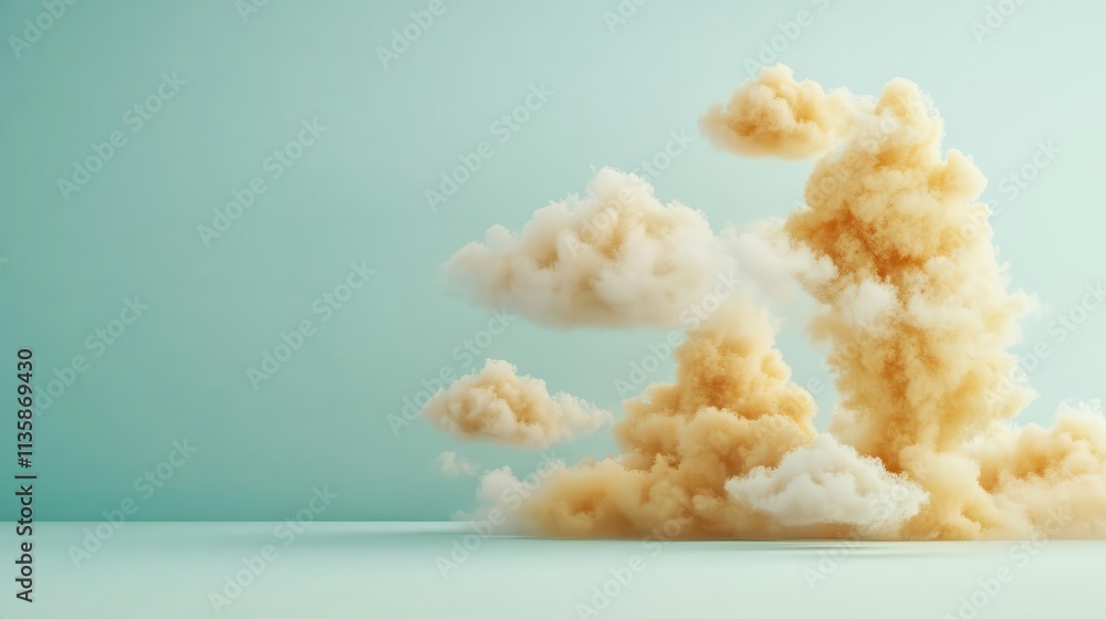 Poster floating golden clouds drifting gently, soft white background with generous space for text.
