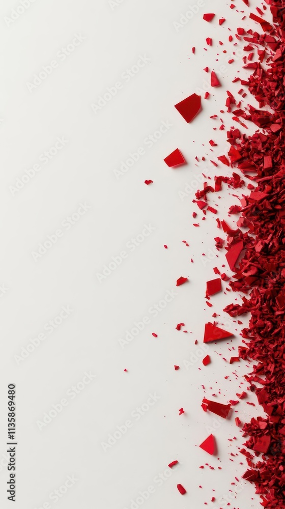 Poster casting soft shadows, floating crimson shards against a clean white background with ample space for 