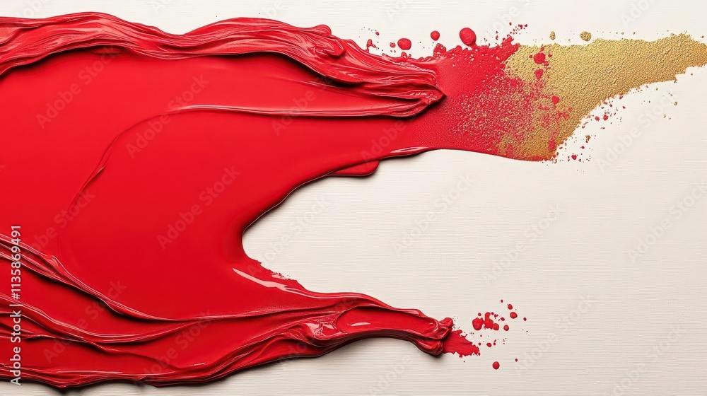 Poster floating red and gold abstract patterns creating depth, clean white background with plenty of room f