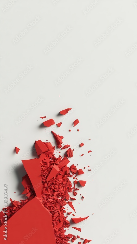 Poster floating crimson shards casting soft shadows, clean white background with ample text space.