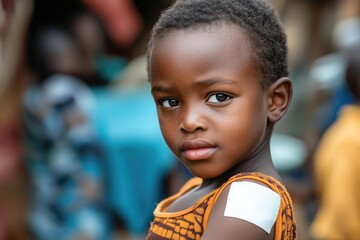 Young african child showing vaccinated arm after receiving vaccine