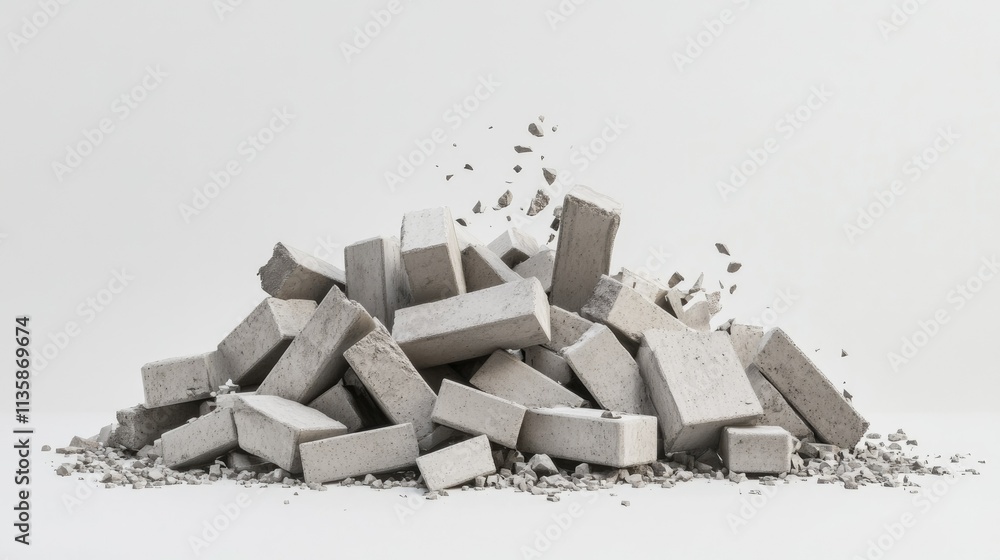 Aufkleber pile of gray concrete bricks crumbling and dusting against a simple white background for constructio