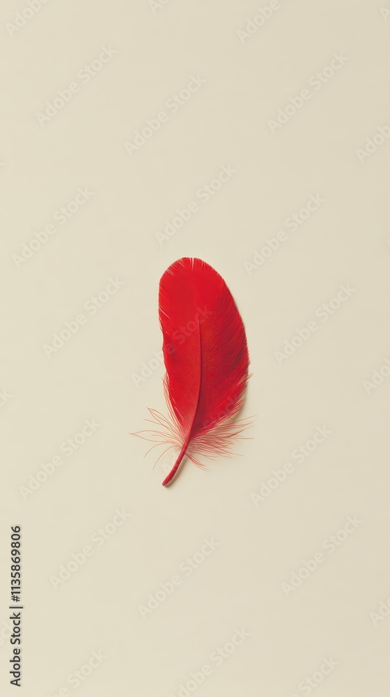 Poster elegant red plume of feathers forming a curve, minimalist white setting for text.