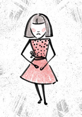 The student, a young girl in a red dress, is standing. Child, student, study at school, doodle illustration by liner. Graphic illustration with a cute girl